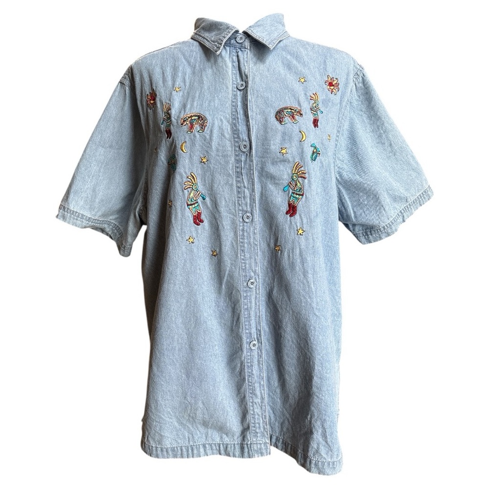 Passion-I Denim Shirt Womens Large‎ Embroidered Aztec Southwestern Button Front